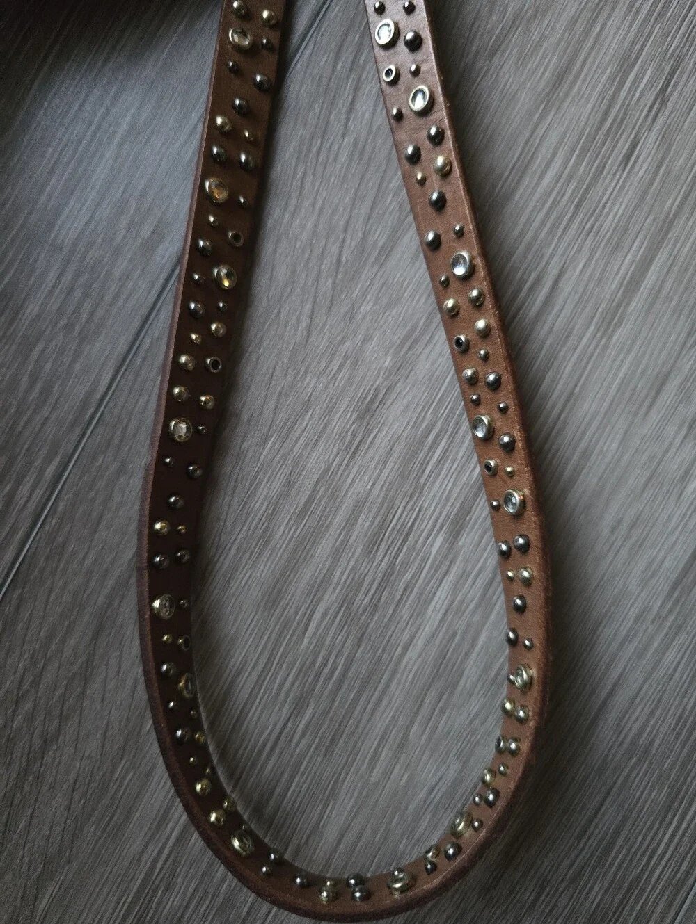 J.Crew Brown Leather Studded Rhinestone Skinny Belt Boho Western Jeweled M
